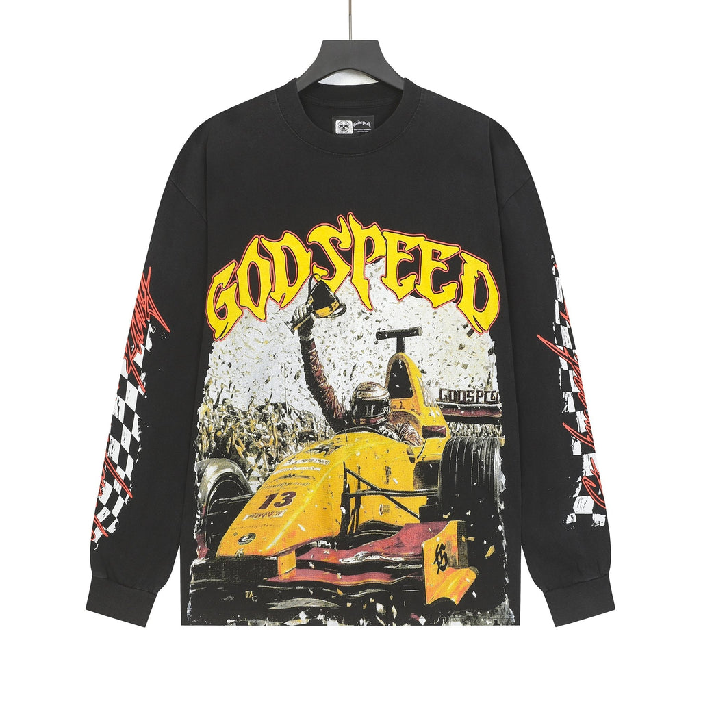 Godspeed Washed Black Racing Graphic Long-Sleeve T-Shirt — hero