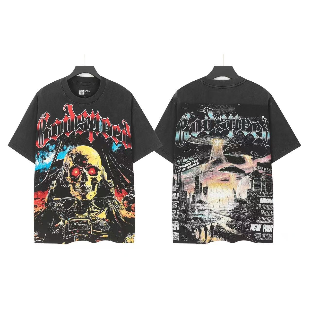 Godspeed Pirate Newsprint Graphic T-Shirt — front