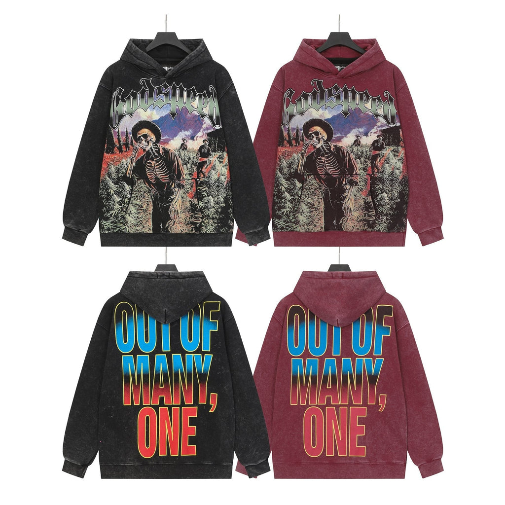 Godspeed Out of Many One Graphic Acid Wash Hoodie — comparison