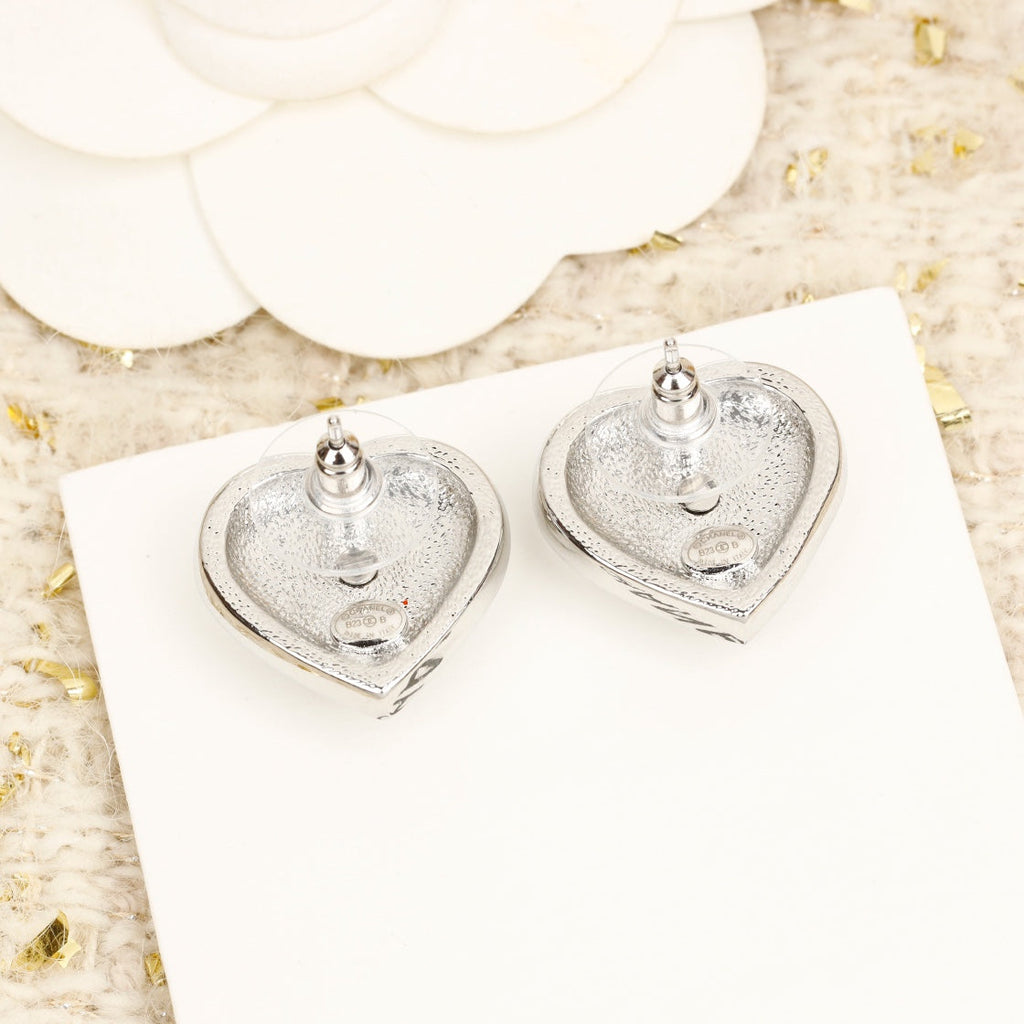 Chanel Heart Diamonds Around Stud Silver Earrings